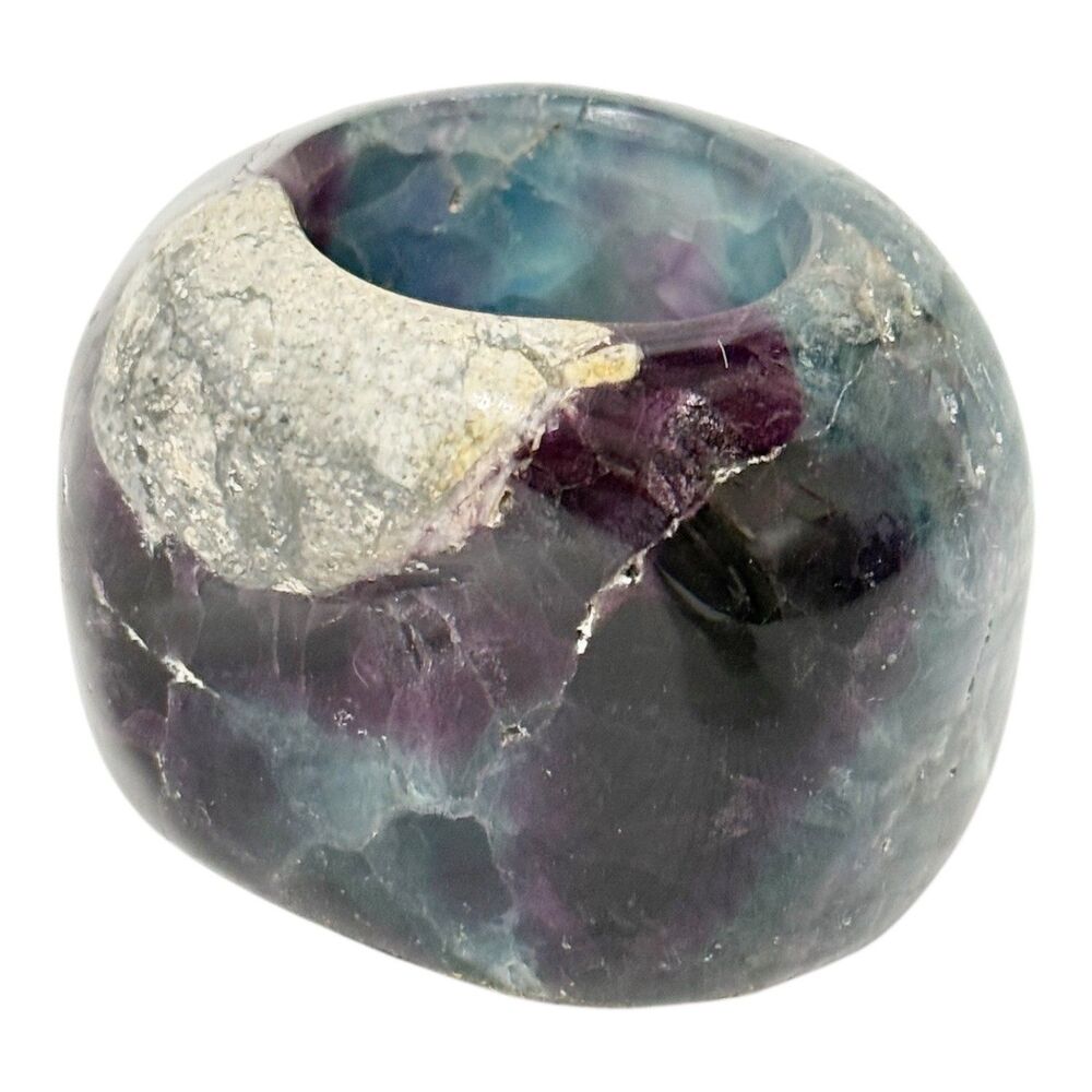 Vtg Polished Flourite Votive Tealight Candle Holder Calm/Balance Dark Teal Purpl